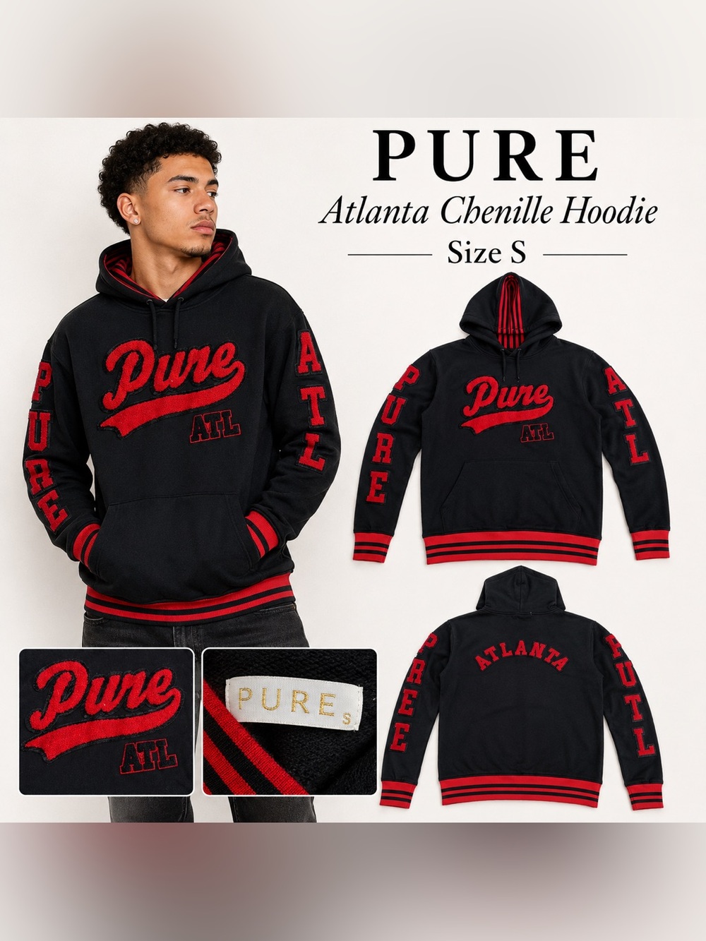 PURE Atlanta Black Red Chenille Graphic Hoodie Sweatshirt Size Small